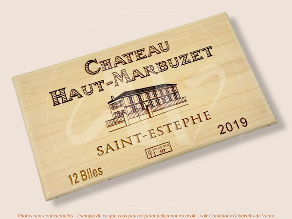 Estampe / Façade d'une caisse de vin en bois du Chateau Haut Marbuzet - Saint Estephe - 2019 - Bordeaux | Format 30x17 cm