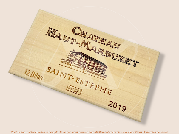 Estampe / Façade d'une caisse de vin en bois du Chateau Haut Marbuzet - Saint Estephe - 2019 - Bordeaux | Format 30x17 cm