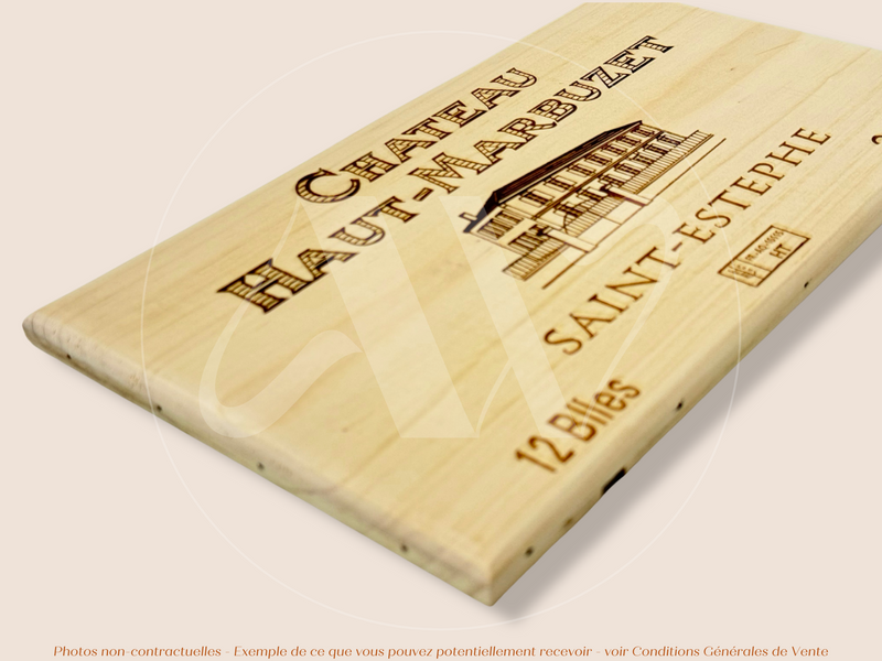 Estampe / Façade d'une caisse de vin en bois du Chateau Haut Marbuzet - Saint Estephe - 2019 - Bordeaux | Format 30x17 cm