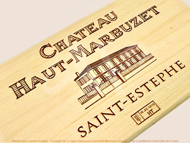 Estampe / Façade d'une caisse de vin en bois du Chateau Haut Marbuzet - Saint Estephe - 2019 - Bordeaux | Format 30x17 cm