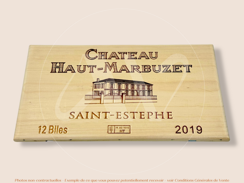 Estampe / Façade d'une caisse de vin en bois du Chateau Haut Marbuzet - Saint Estephe - 2019 - Bordeaux | Format 30x17 cm